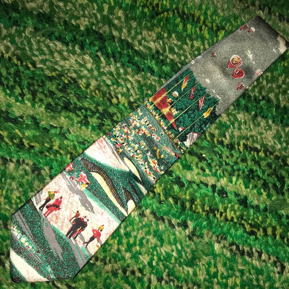 Cambridge Classics Mens Green Silk Tie Scenic Golf Motif Hot Air Balloon 80s